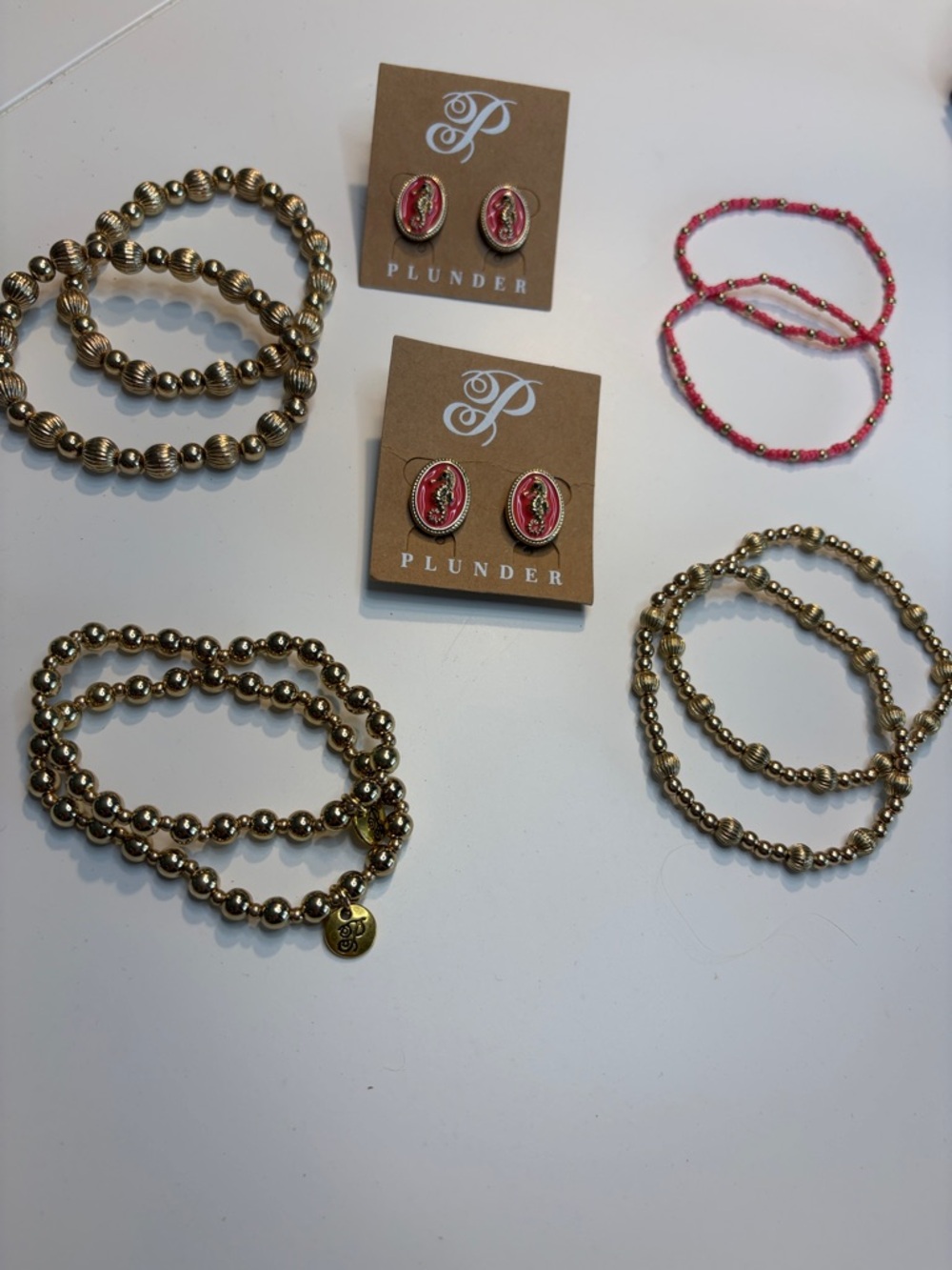 Plunder 8 Gold/Pink Beaded Bracelets 2 pairs Pink Enamel Seahorse Earrings NEW